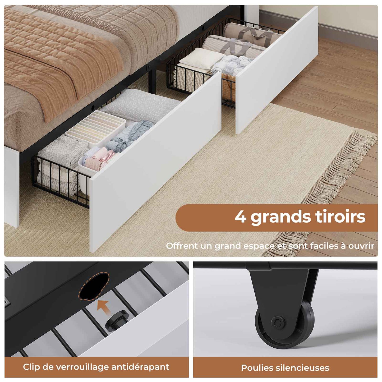 Lit AOGLLATI 140 × 200 avec espace de rangement et tête de lit rembourrée équipé de ports USB et d'un éclairage LED  le lit double est doté de 4 grands tiroirs