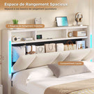 Lit double AOGLLATI 140 x 200 avec rangement hydraulique, éclairage LED et prises électriques, tête de lit rembourrée avec étagère ouverte et espace de rangement dissimulé