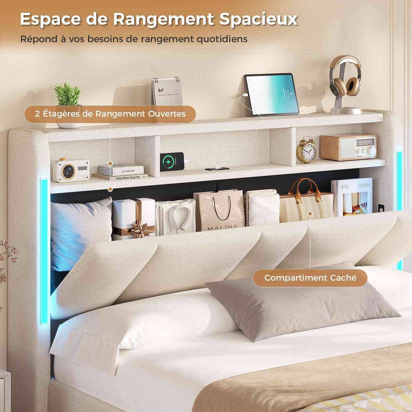 Lit double AOGLLATI 140 x 200 avec rangement hydraulique, éclairage LED et prises électriques, tête de lit rembourrée avec étagère ouverte et espace de rangement dissimulé