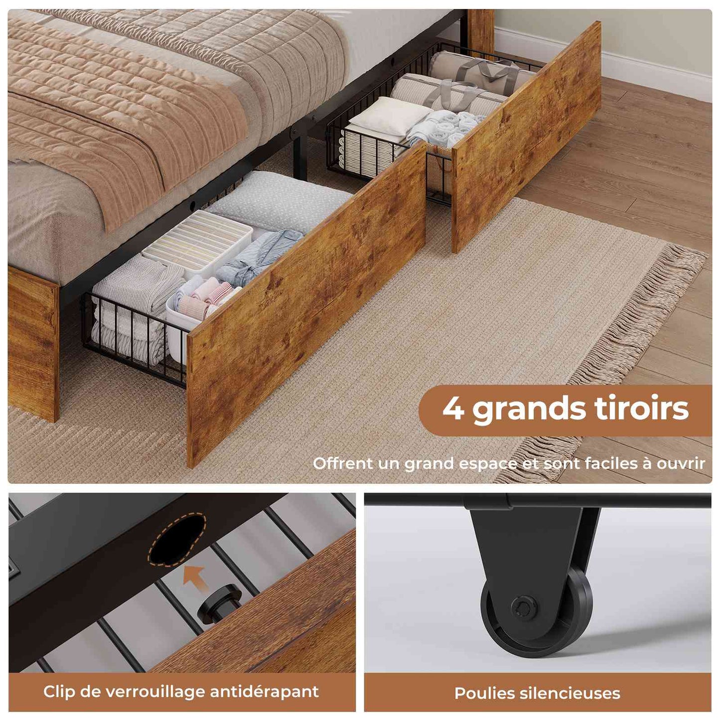 Lit AOGLLATI 140 × 200 avec espace de rangement et tête de lit rembourrée équipé de ports USB et d'un éclairage LED  le lit double est doté de 4 grands tiroirs