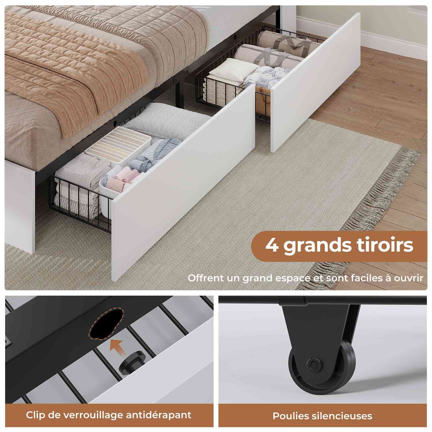 Lit AOGLLATI 140 × 200 avec espace de rangement et tête de lit rembourrée équipé de ports USB et d'un éclairage LED  le lit double est doté de 4 grands tiroirs