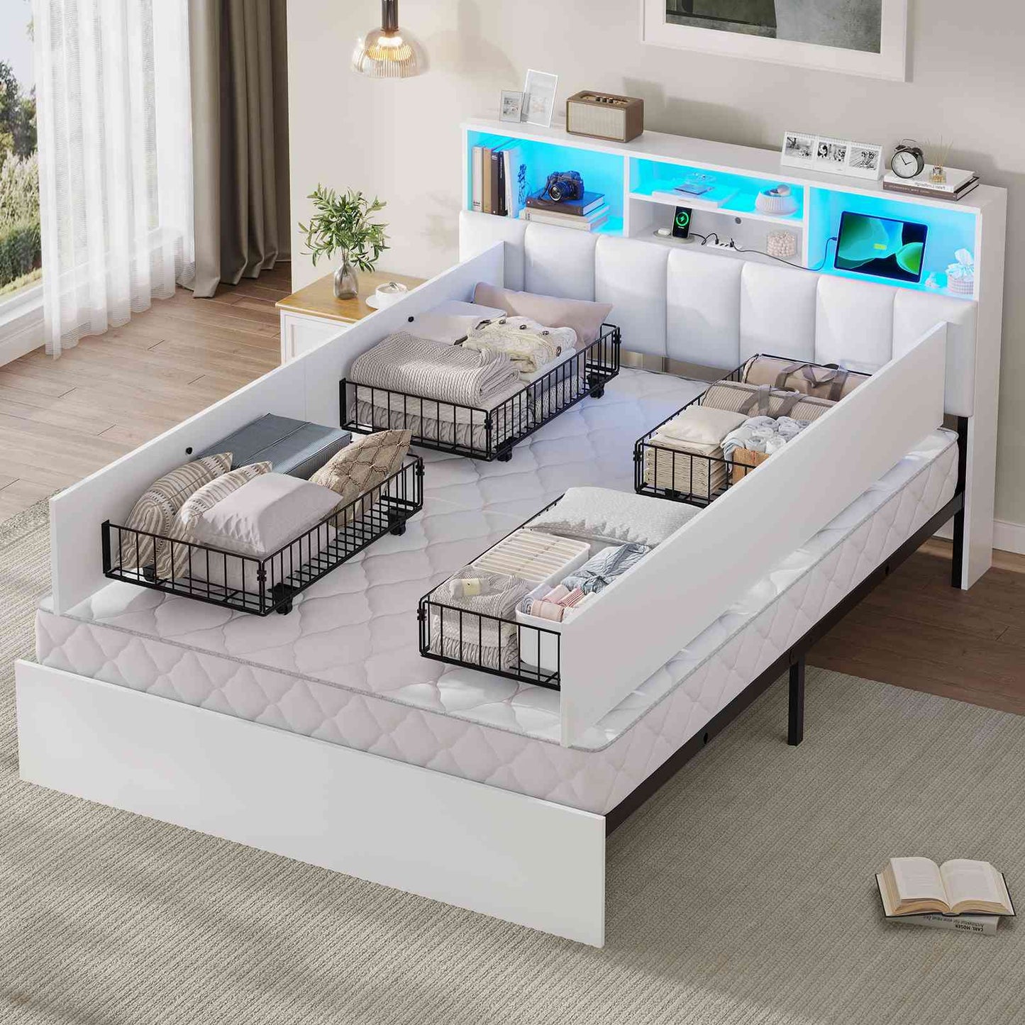 Lit AOGLLATI 140 × 190 avec espace de rangement et tête de lit rembourrée équipé de ports USB et d'un éclairage LED  le lit double est doté de 4 grands tiroirs