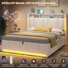 Lit double AOGLLATI 140 x 200 avec rangement hydraulique, éclairage LED et prises électriques, tête de lit rembourrée avec étagère ouverte et espace de rangement dissimulé