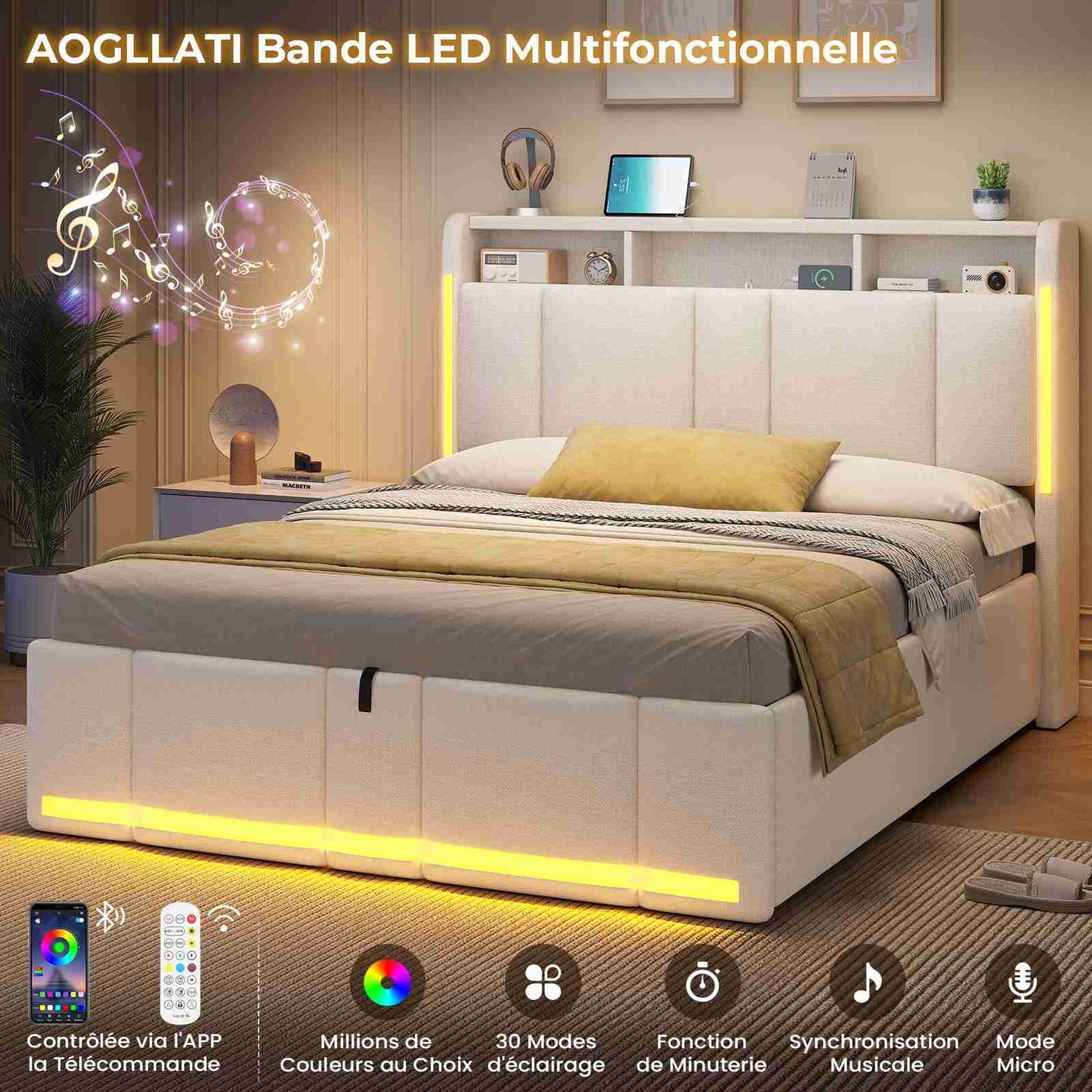 Lit double AOGLLATI 140 x 200 avec rangement hydraulique, éclairage LED et prises électriques, tête de lit rembourrée avec étagère ouverte et espace de rangement dissimulé