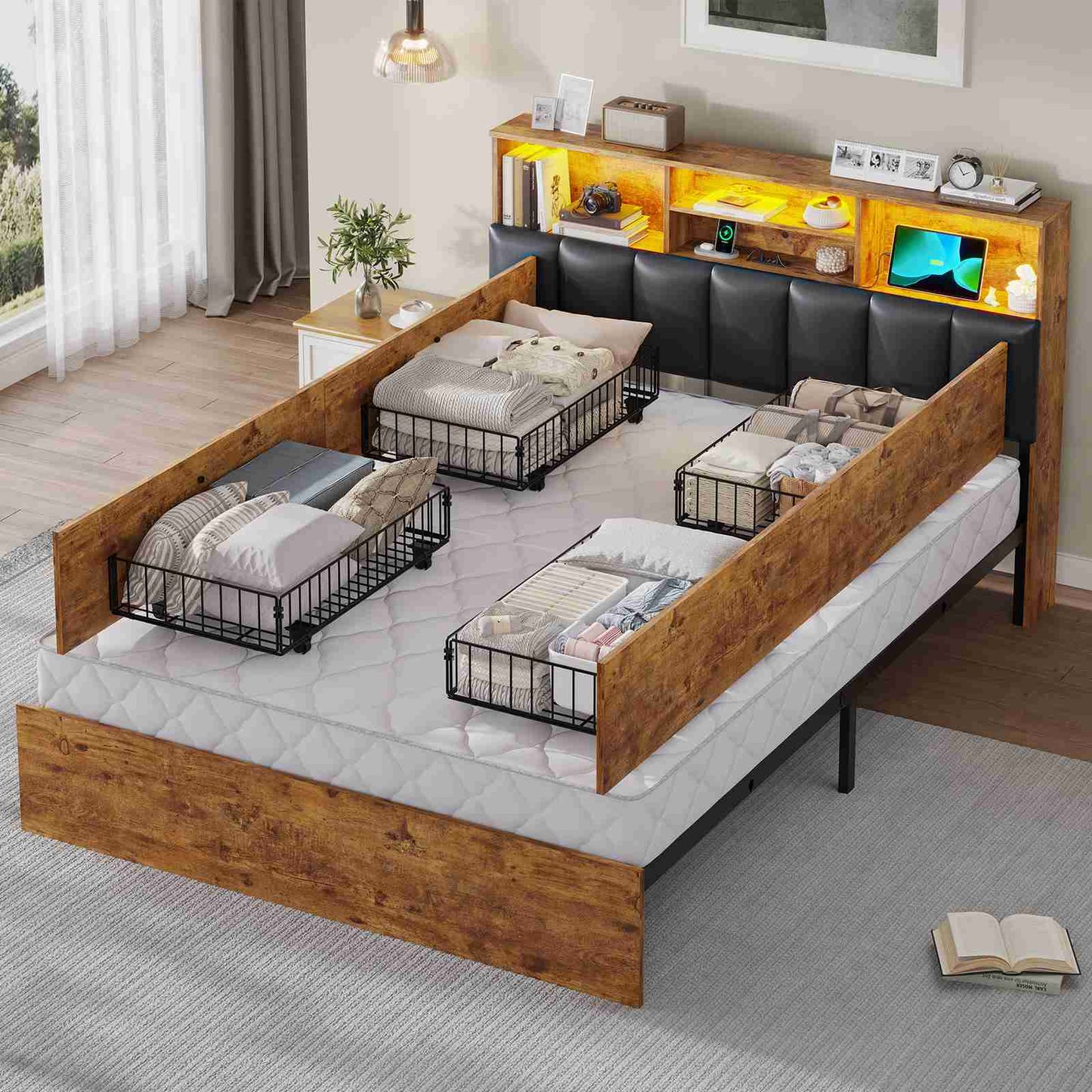Lit AOGLLATI 140 × 200 avec espace de rangement et tête de lit rembourrée équipé de ports USB et d'un éclairage LED  le lit double est doté de 4 grands tiroirs