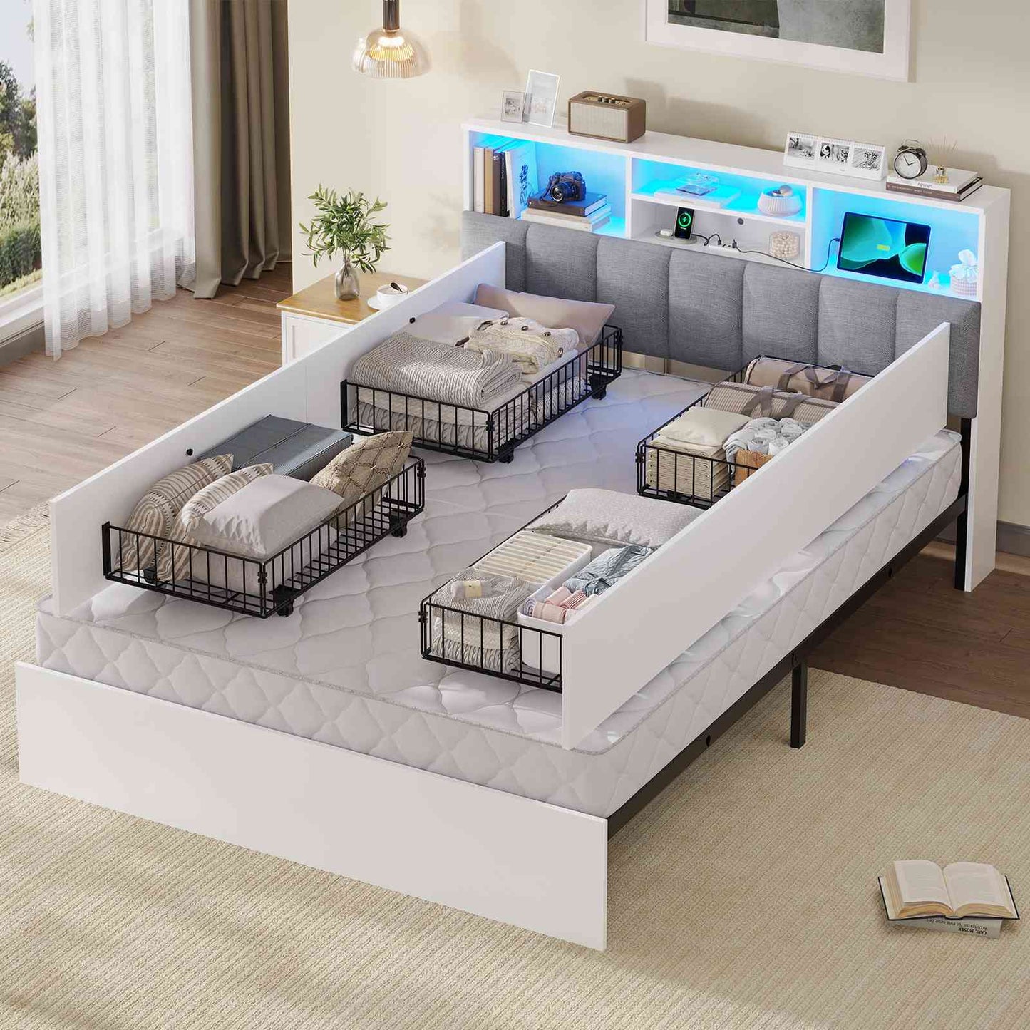 Lit AOGLLATI 140 × 200 avec espace de rangement et tête de lit rembourrée équipé de ports USB et d'un éclairage LED  le lit double est doté de 4 grands tiroirs