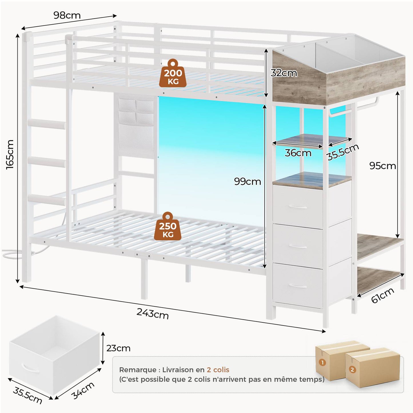 Lit superposé AOGLLATI 90 x 200 avec éclairage LED et 4 ports USB composé de 2 lits de 90 x 200 avec structure métallique doté de nombreux espaces de rangement