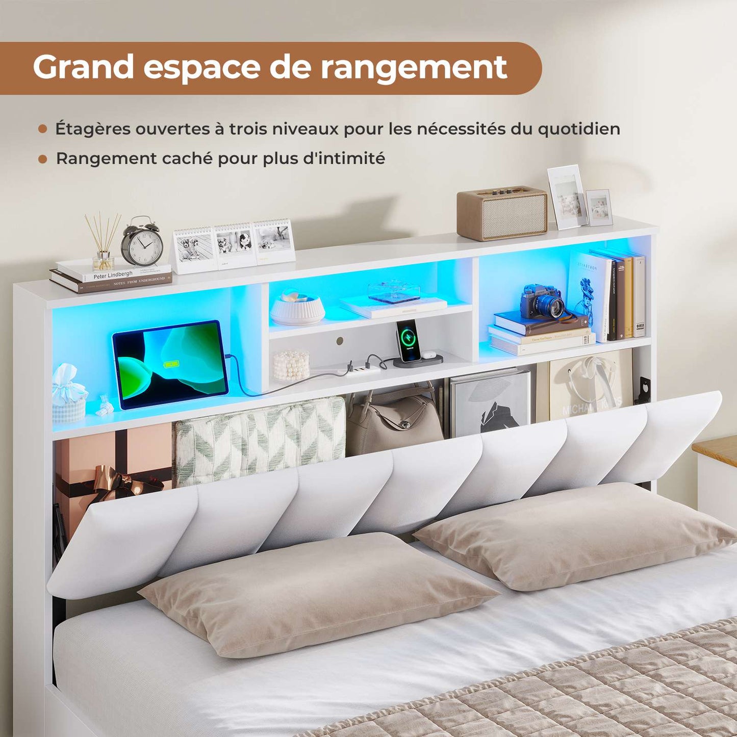 Lit AOGLLATI 140 × 190 avec espace de rangement et tête de lit rembourrée équipé de ports USB et d'un éclairage LED  le lit double est doté de 4 grands tiroirs