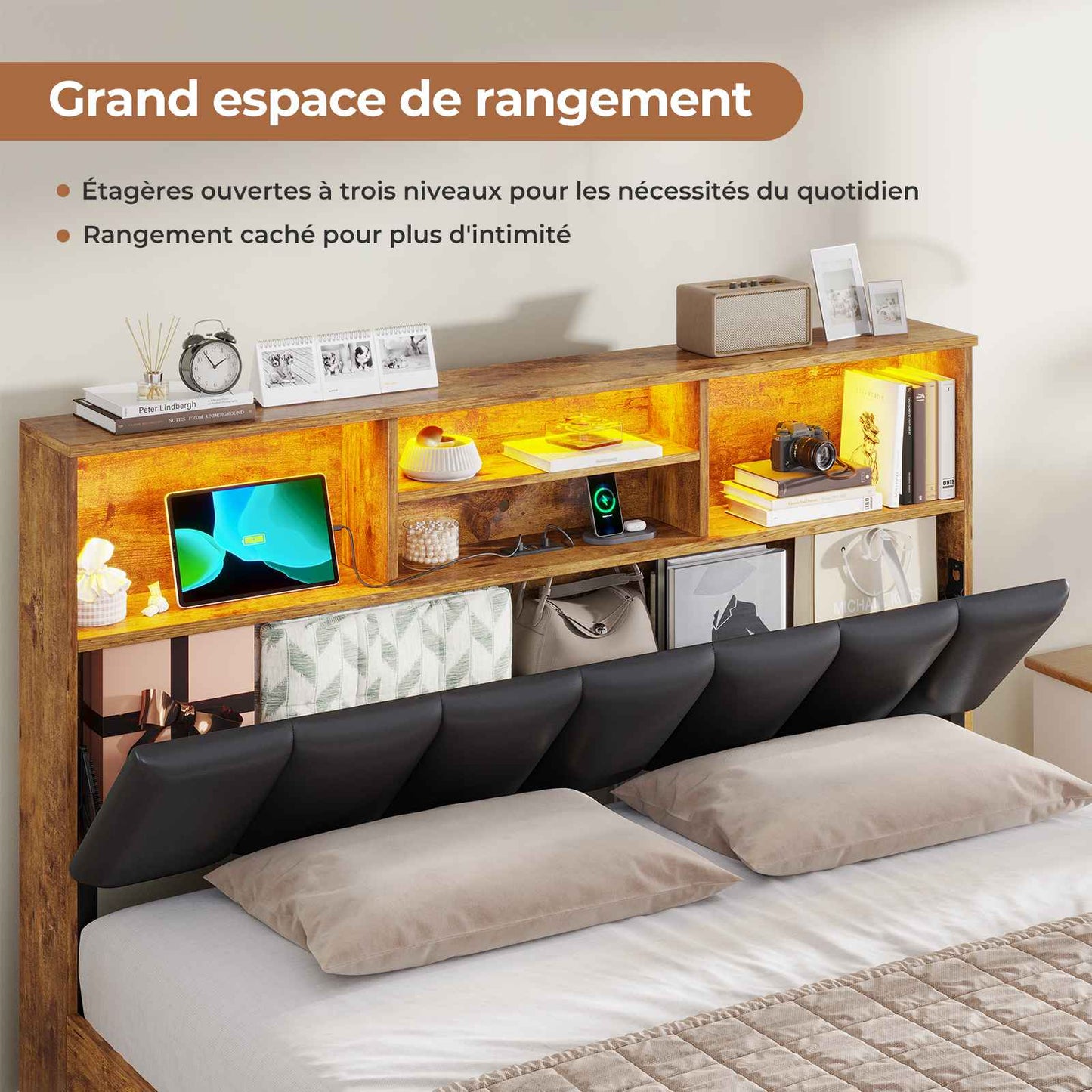 Lit AOGLLATI 140 × 200 avec espace de rangement et tête de lit rembourrée équipé de ports USB et d'un éclairage LED  le lit double est doté de 4 grands tiroirs