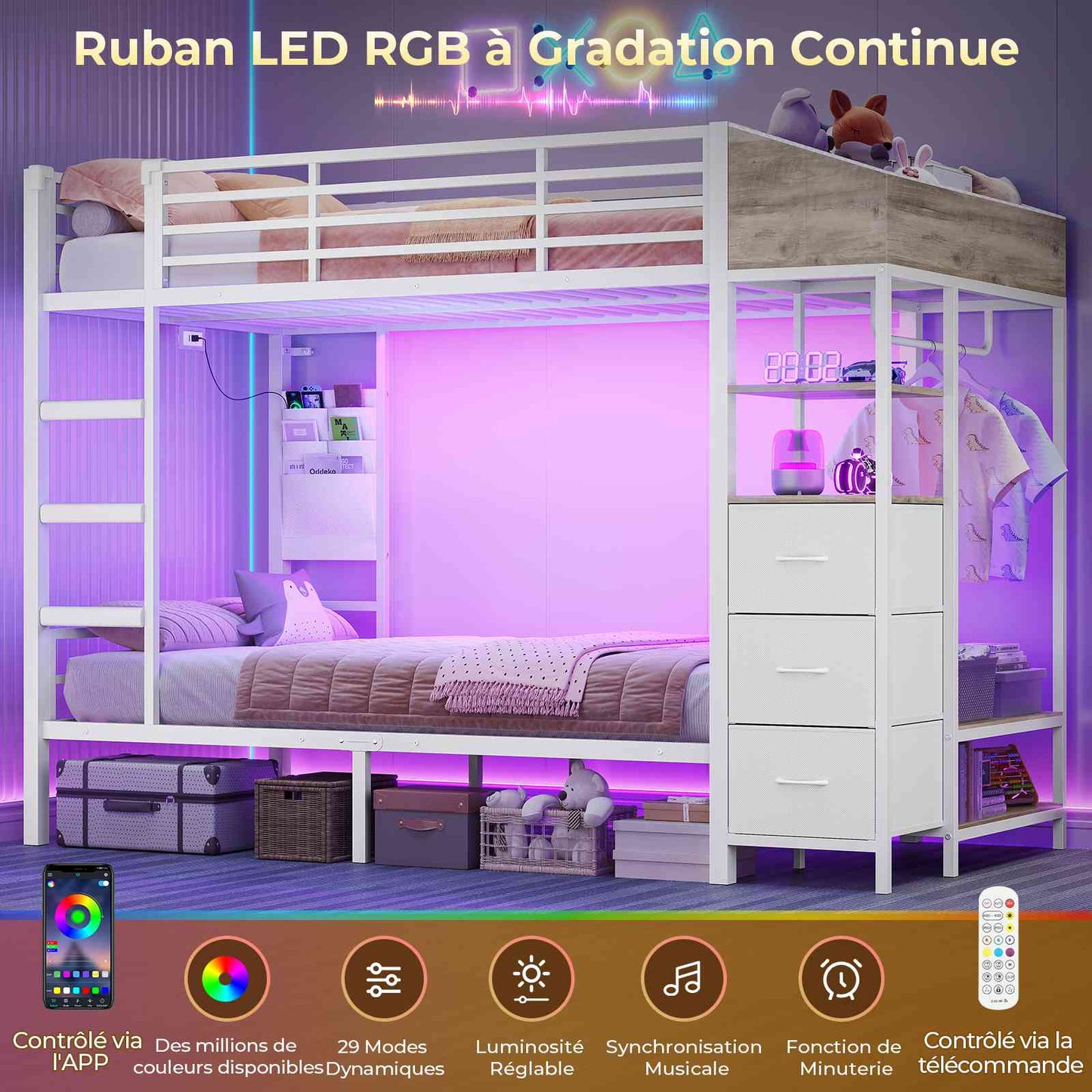 Lit superposé AOGLLATI 90 x 200 avec éclairage LED et 4 ports USB composé de 2 lits de 90 x 200 avec structure métallique doté de nombreux espaces de rangement