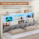 Lit AOGLLATI 140 × 200 avec espace de rangement et tête de lit rembourrée équipé de ports USB et d'un éclairage LED  le lit double est doté de 4 grands tiroirs