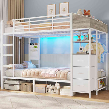 Lit superposé AOGLLATI 90 x 200 avec éclairage LED et 4 ports USB composé de 2 lits de 90 x 200 avec structure métallique doté de nombreux espaces de rangement