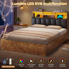 Lit AOGLLATI 140 × 200 avec espace de rangement et tête de lit rembourrée équipé de ports USB et d'un éclairage LED  le lit double est doté de 4 grands tiroirs
