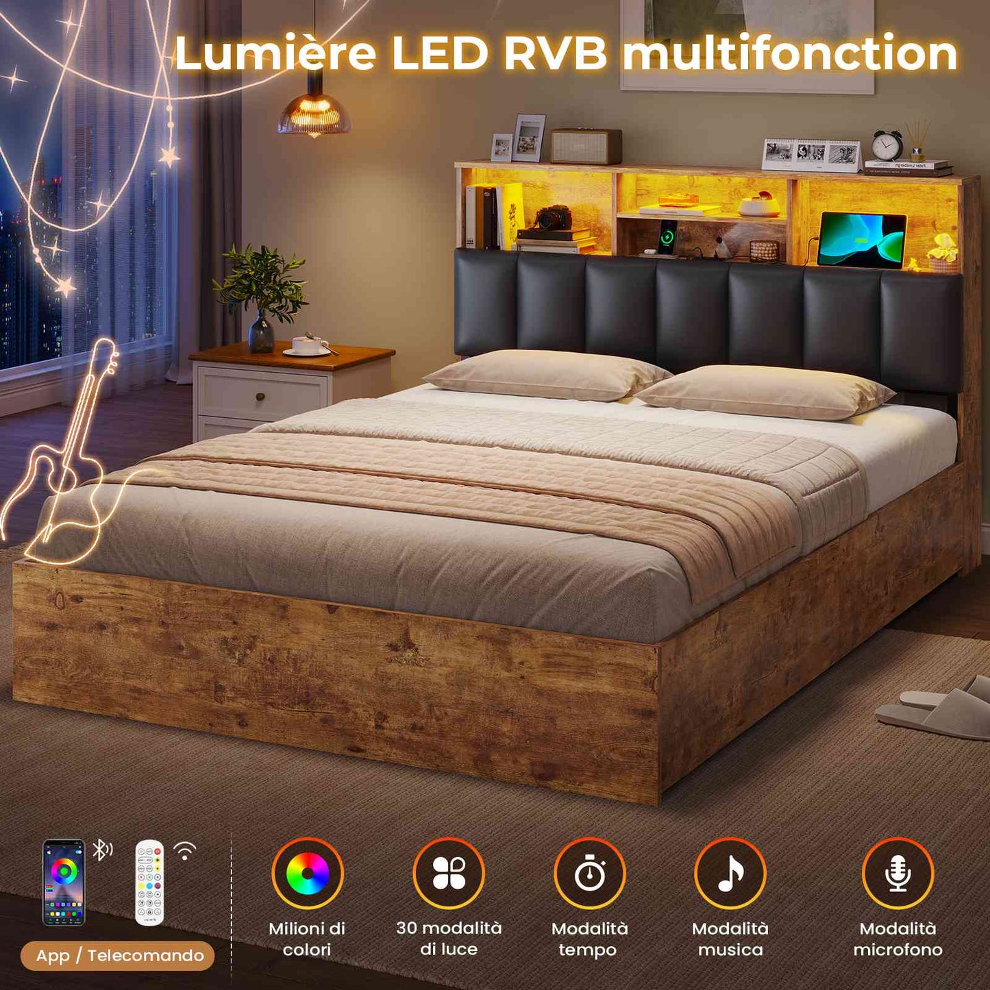 Lit AOGLLATI 140 × 200 avec espace de rangement et tête de lit rembourrée équipé de ports USB et d'un éclairage LED  le lit double est doté de 4 grands tiroirs