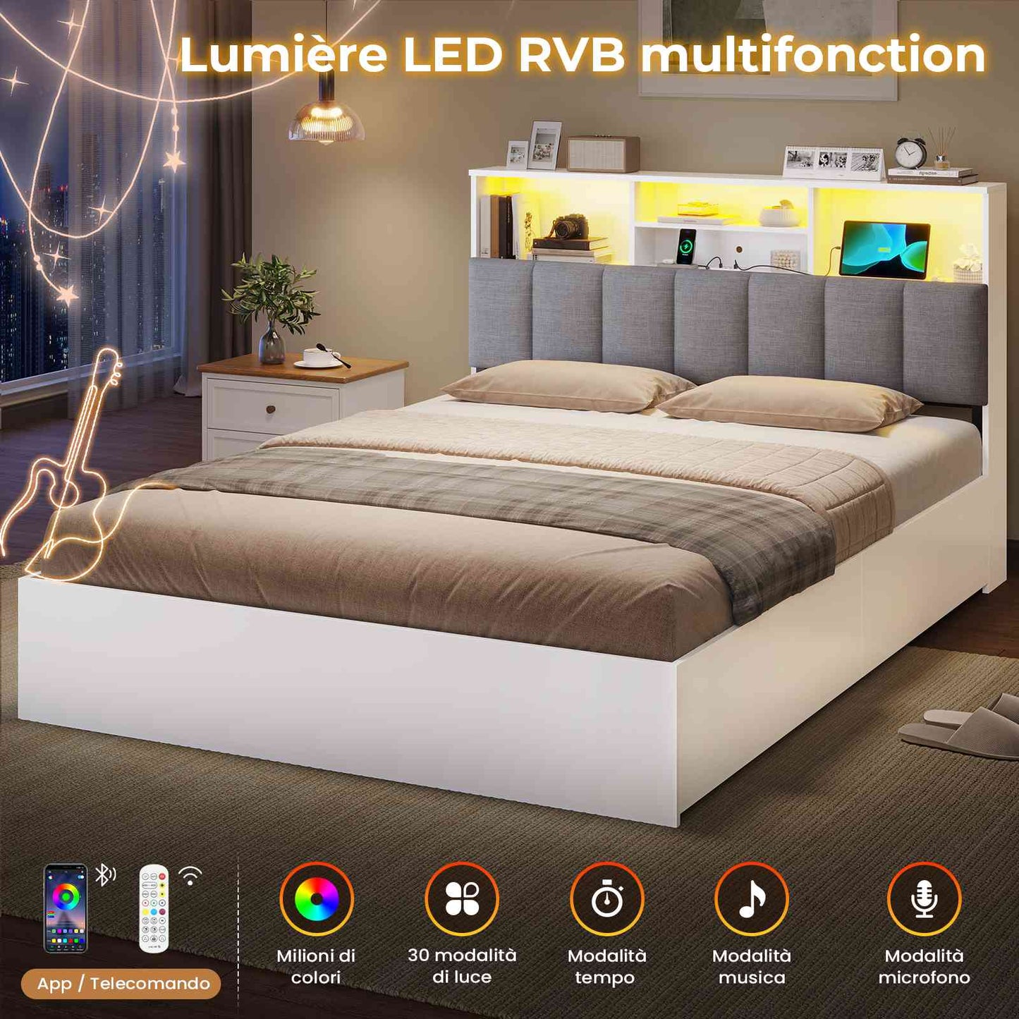 Lit AOGLLATI 140 × 200 avec espace de rangement et tête de lit rembourrée équipé de ports USB et d'un éclairage LED  le lit double est doté de 4 grands tiroirs