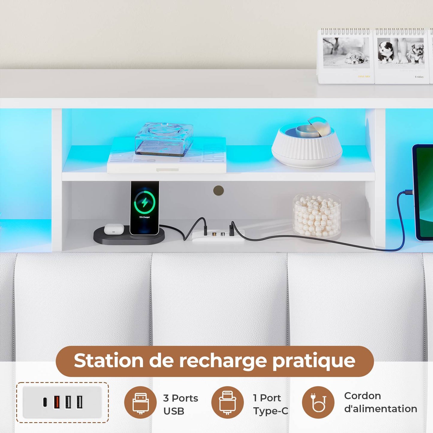 Lit AOGLLATI 140 × 200 avec espace de rangement et tête de lit rembourrée équipé de ports USB et d'un éclairage LED  le lit double est doté de 4 grands tiroirs