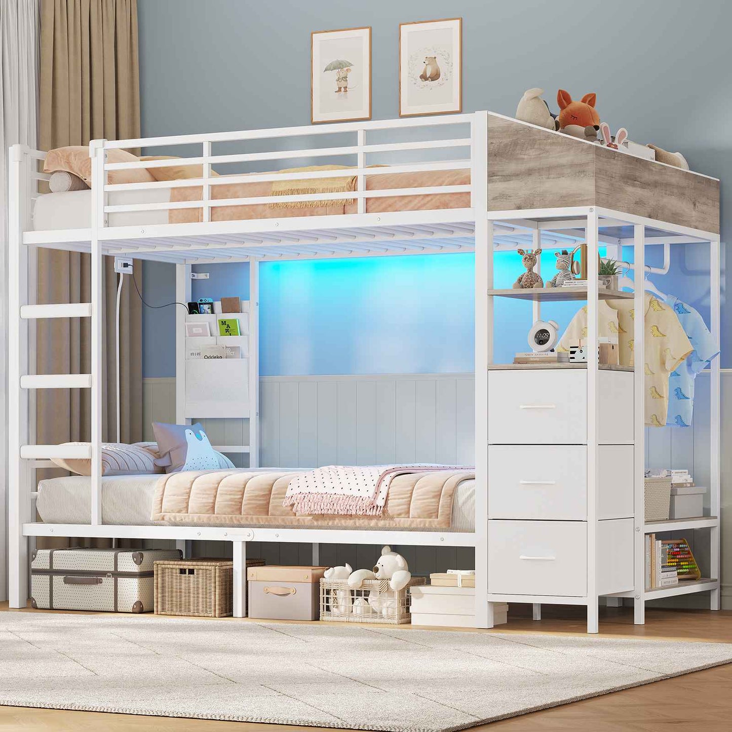 Lit superposé AOGLLATI 90 x 200 avec éclairage LED et 4 ports USB composé de 2 lits de 90 x 200 avec structure métallique doté de nombreux espaces de rangement