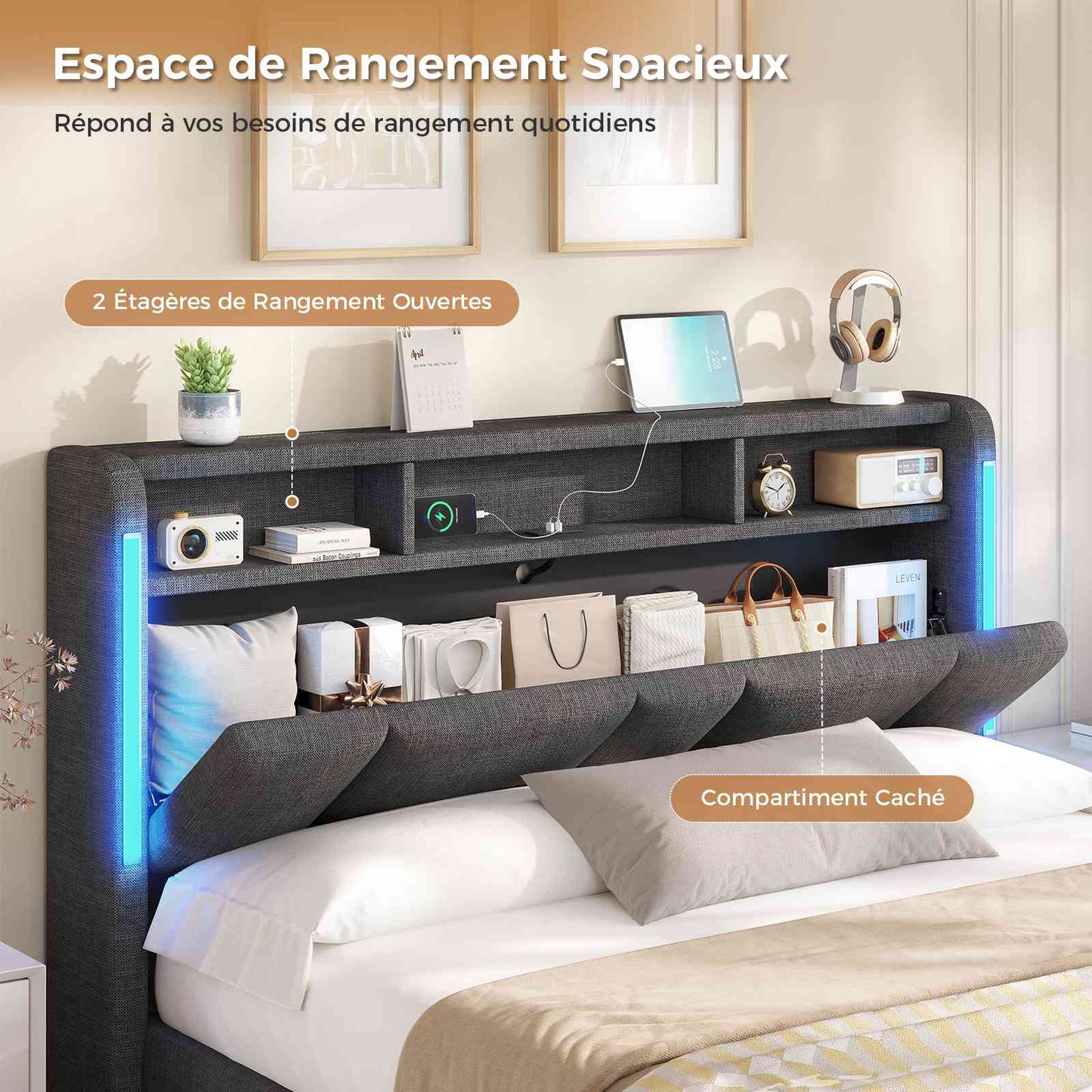 Lit double AOGLLATI 140 x 200 avec rangement hydraulique, éclairage LED et prises électriques, tête de lit rembourrée avec étagère ouverte et espace de rangement dissimulé