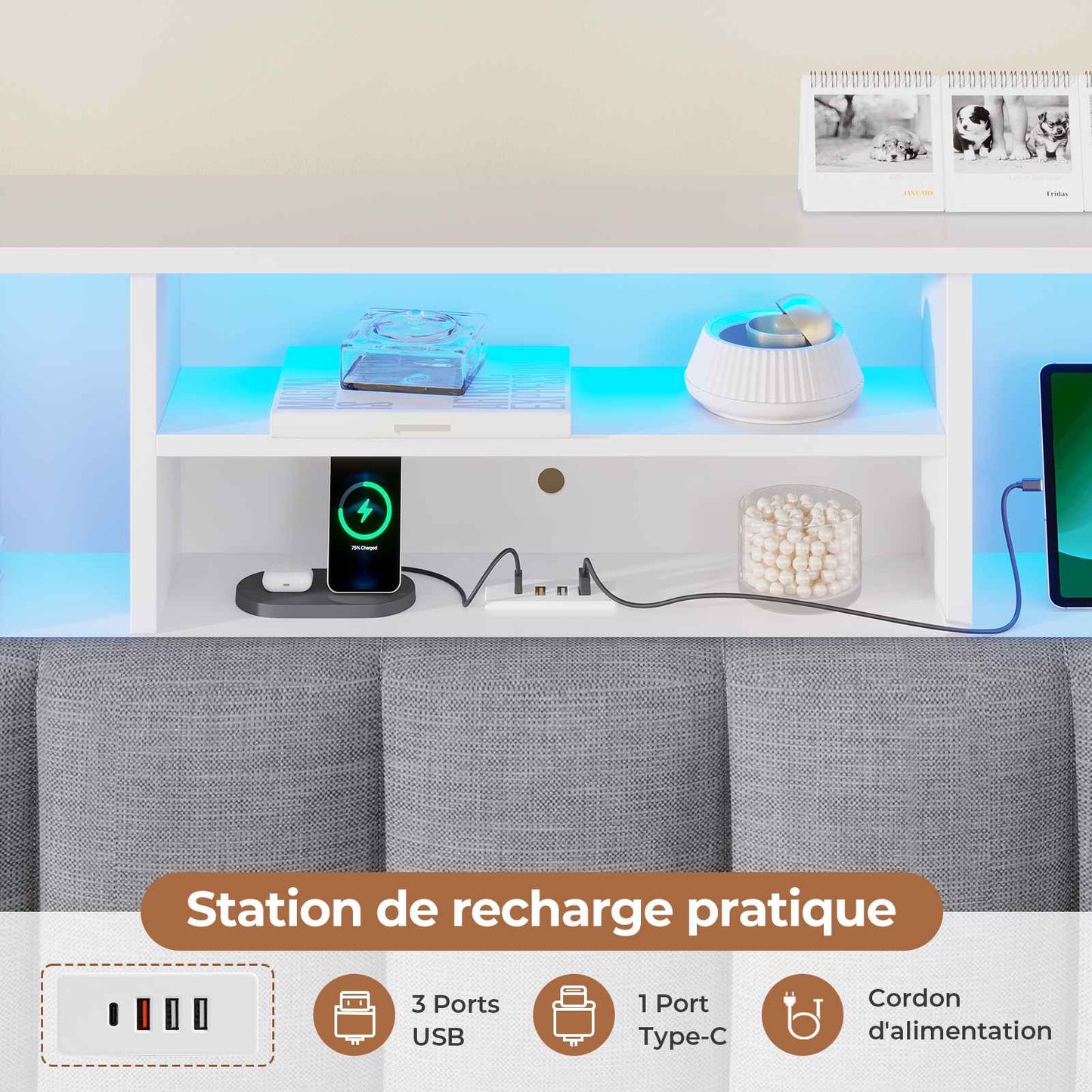 Lit AOGLLATI 140 × 200 avec espace de rangement et tête de lit rembourrée équipé de ports USB et d'un éclairage LED  le lit double est doté de 4 grands tiroirs