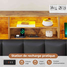 Lit AOGLLATI 140 × 200 avec espace de rangement et tête de lit rembourrée équipé de ports USB et d'un éclairage LED  le lit double est doté de 4 grands tiroirs