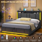 Lit double AOGLLATI 140 x 200 avec rangement hydraulique, éclairage LED et prises électriques, tête de lit rembourrée avec étagère ouverte et espace de rangement dissimulé