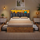 Lit AOGLLATI 140 × 200 avec espace de rangement et tête de lit rembourrée équipé de ports USB et d'un éclairage LED  le lit double est doté de 4 grands tiroirs