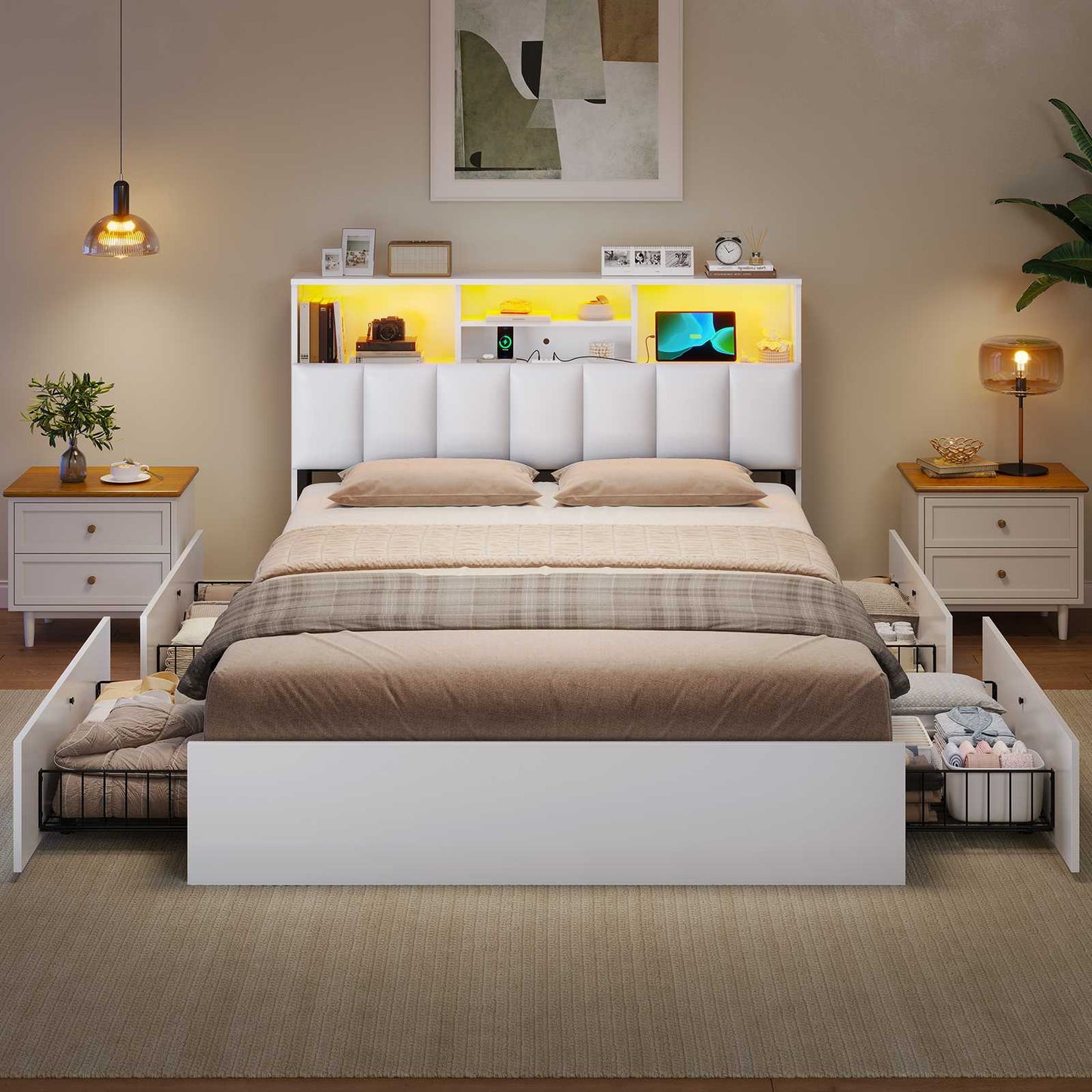 Lit AOGLLATI 140 × 200 avec espace de rangement et tête de lit rembourrée équipé de ports USB et d'un éclairage LED  le lit double est doté de 4 grands tiroirs