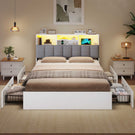 Lit AOGLLATI 140 × 200 avec espace de rangement et tête de lit rembourrée équipé de ports USB et d'un éclairage LED  le lit double est doté de 4 grands tiroirs