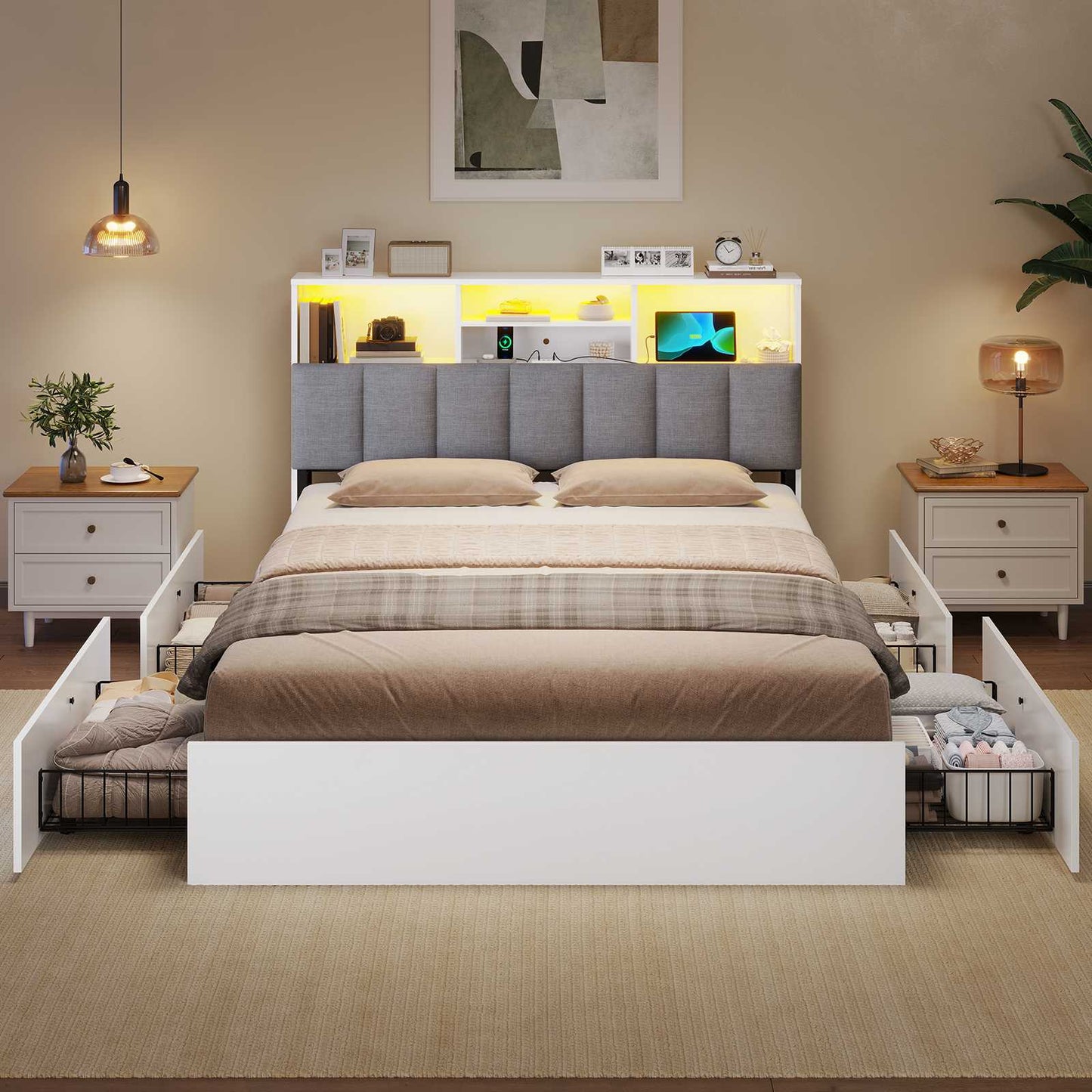 Lit AOGLLATI 140 × 200 avec espace de rangement et tête de lit rembourrée équipé de ports USB et d'un éclairage LED  le lit double est doté de 4 grands tiroirs