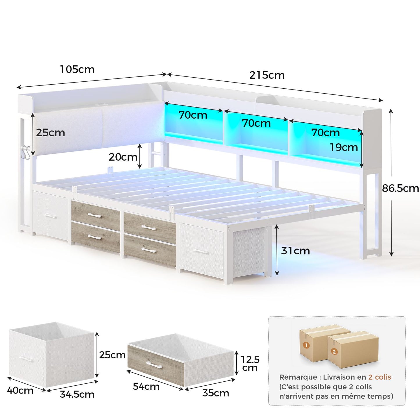 AOGLLATI Canapé Lit 90x200 avec Rangement Lit Coffre 90x200 avec Multiprise et Éclairage LED
