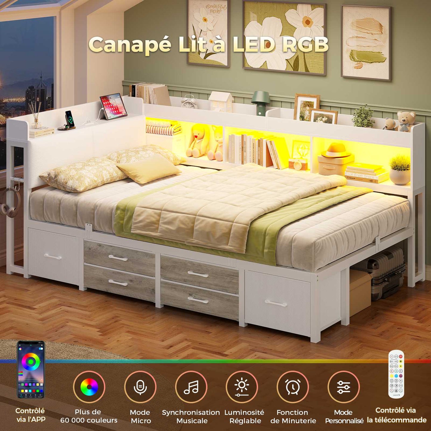 AOGLLATI Canapé Lit 90x200 avec Rangement Lit Coffre 90x200 avec Multiprise et Éclairage LED
