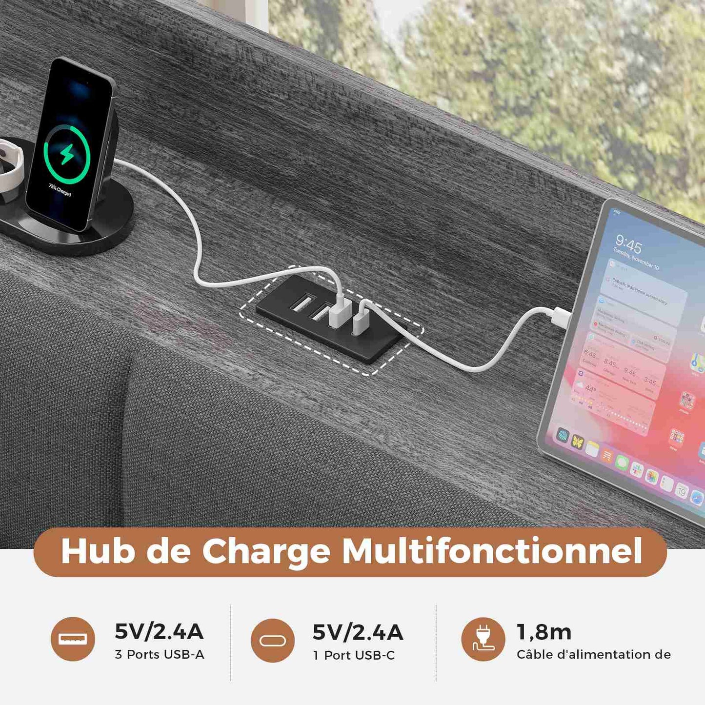 AOGLLATI Canapé Lit 90x200 avec Rangement Lit Coffre 90x200 avec Multiprise et Éclairage LED