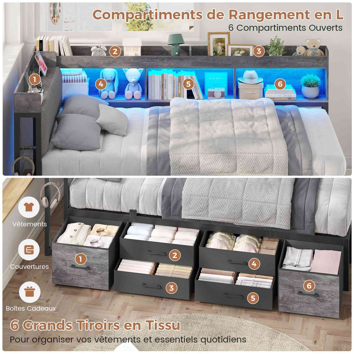 AOGLLATI Canapé Lit 90x200 avec Rangement Lit Coffre 90x200 avec Multiprise et Éclairage LED