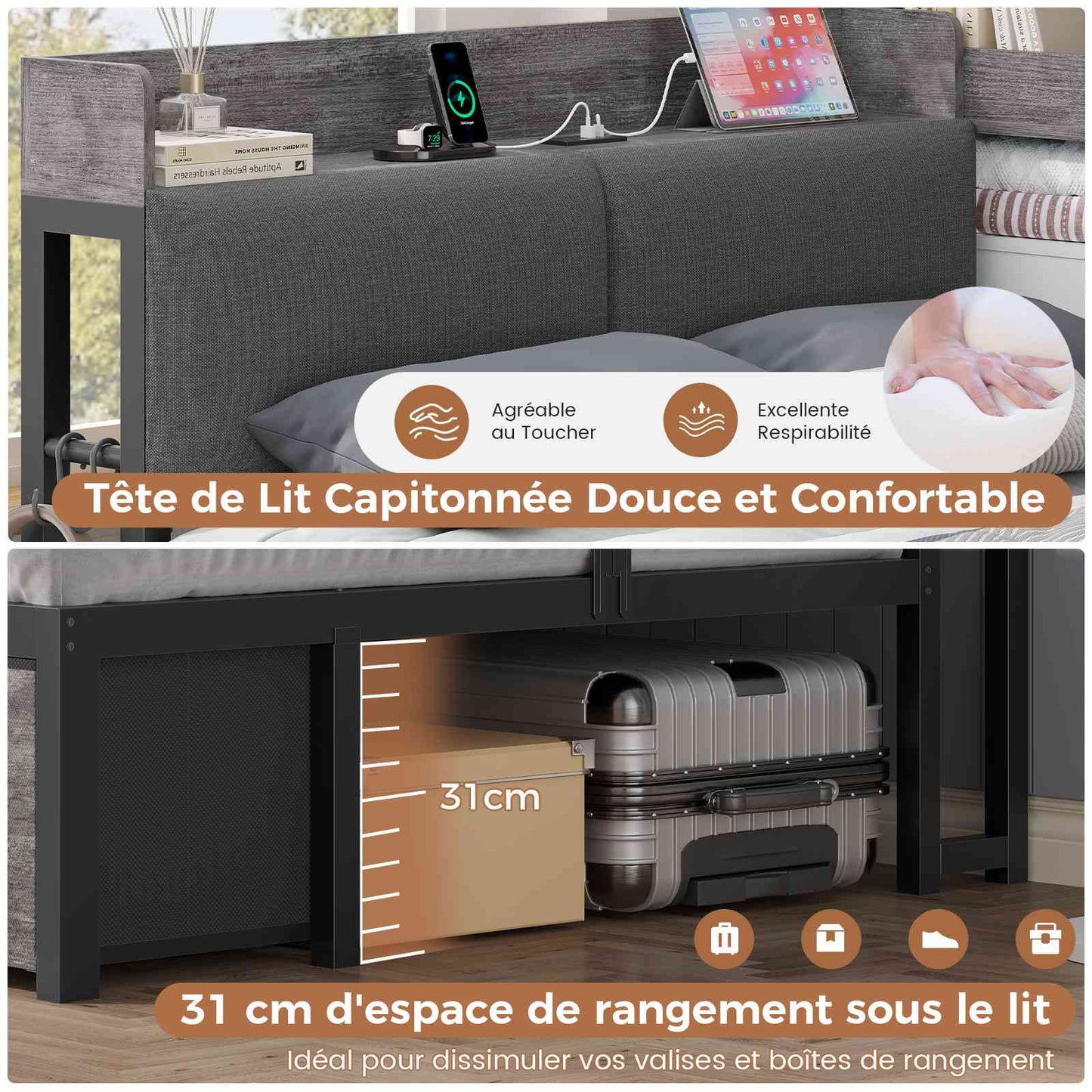 AOGLLATI Canapé Lit 90x200 avec Rangement Lit Coffre 90x200 avec Multiprise et Éclairage LED