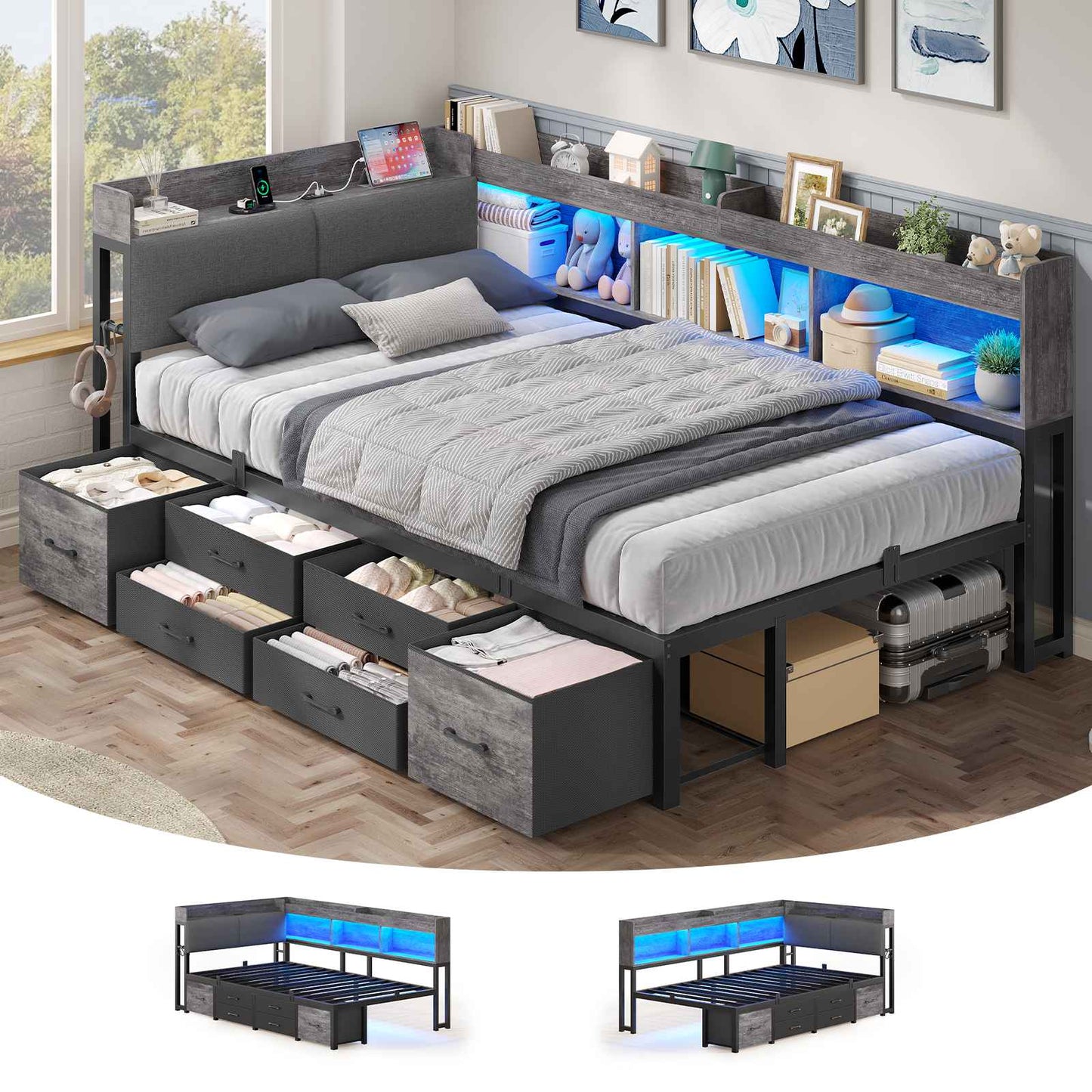 AOGLLATI Canapé Lit 90x200 avec Rangement Lit Coffre 90x200 avec Multiprise et Éclairage LED