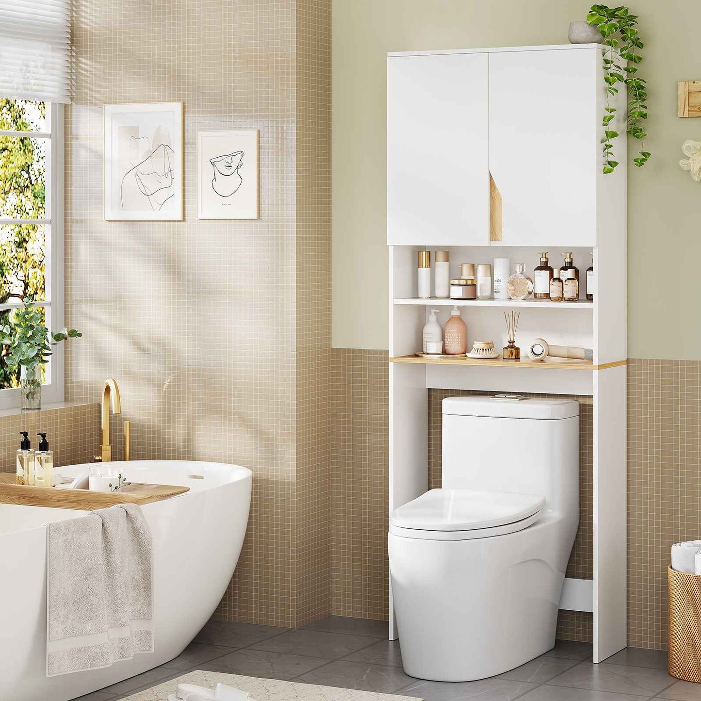 AOGLLATI Meuble Machine à Laver  Meuble Toilette avec Étagère Réglables  2 Compartiments Ouverts