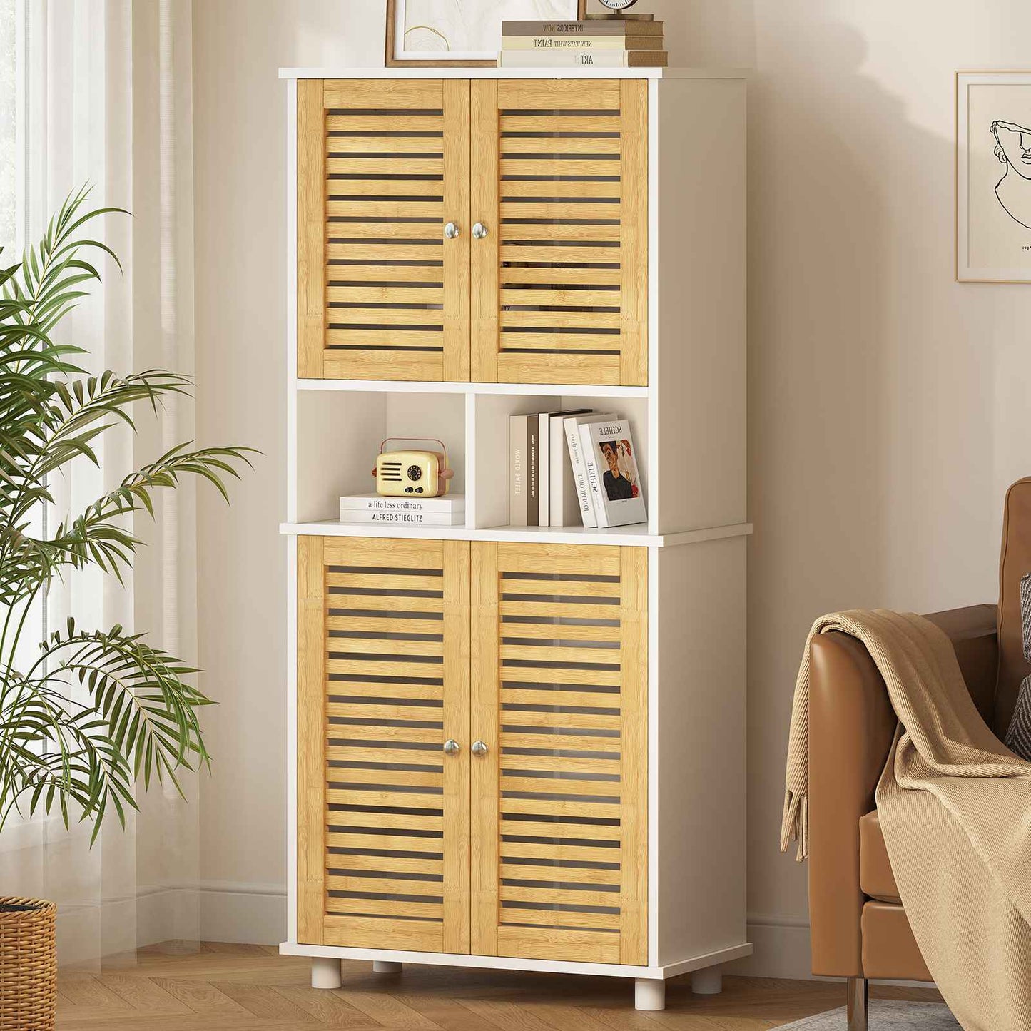Meuble de Rangement  Meuble Colonne pour Salle de Bain avec 4 Portes en Bambou  2 Étagères Réglables et Ouvertes