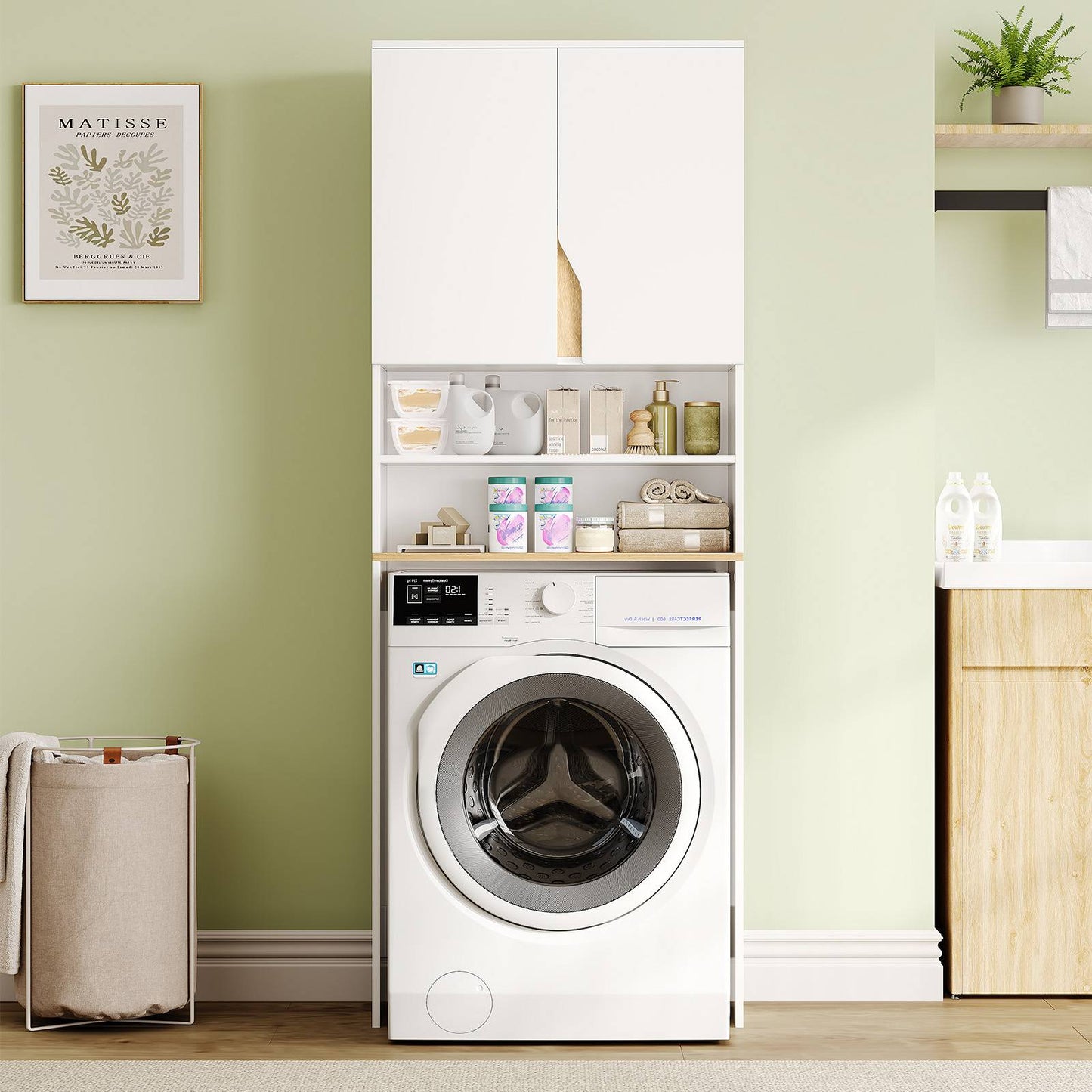 AOGLLATI Meuble Machine à Laver  Meuble Toilette avec Étagère Réglables  2 Compartiments Ouverts