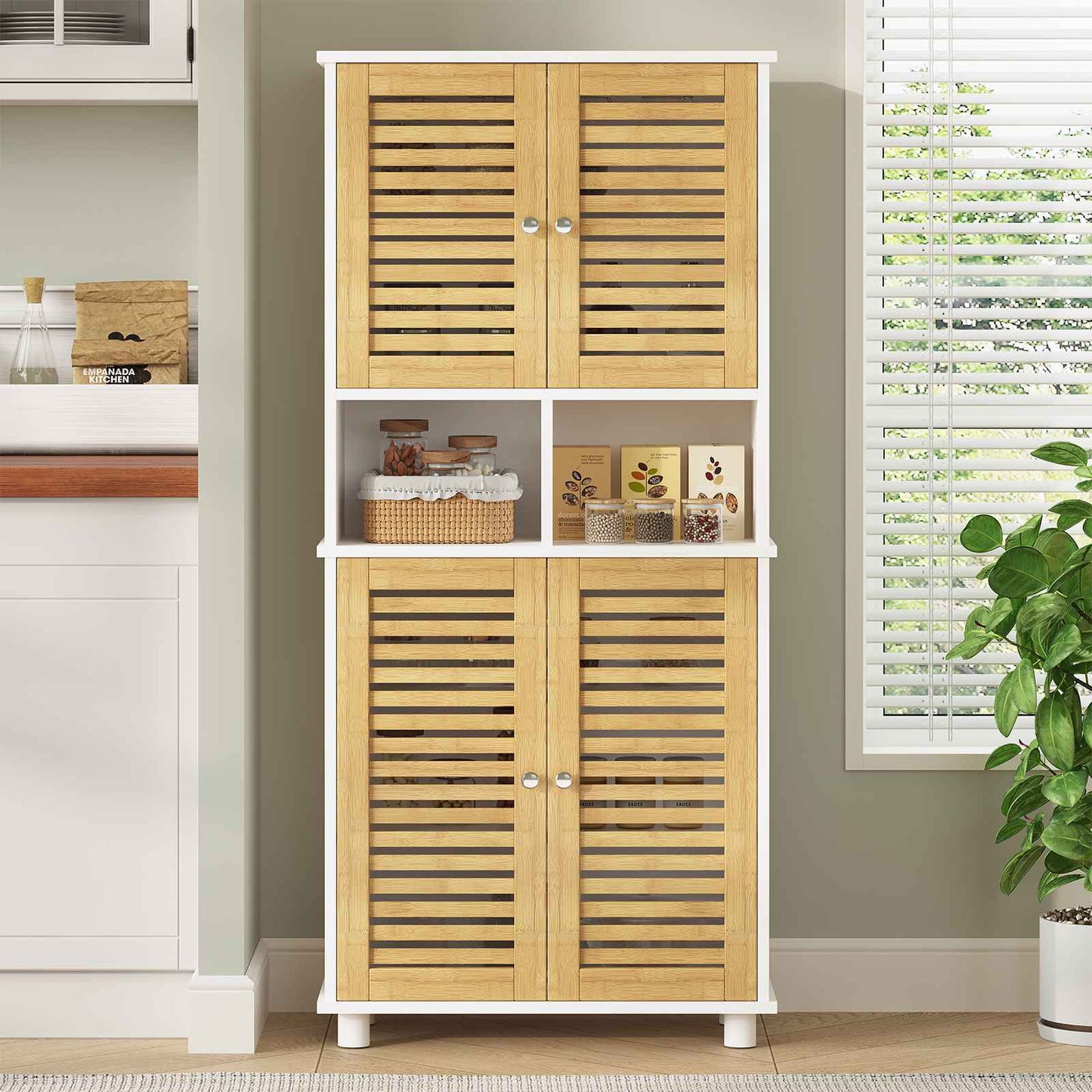 Meuble de Rangement  Meuble Colonne pour Salle de Bain avec 4 Portes en Bambou  2 Étagères Réglables et Ouvertes