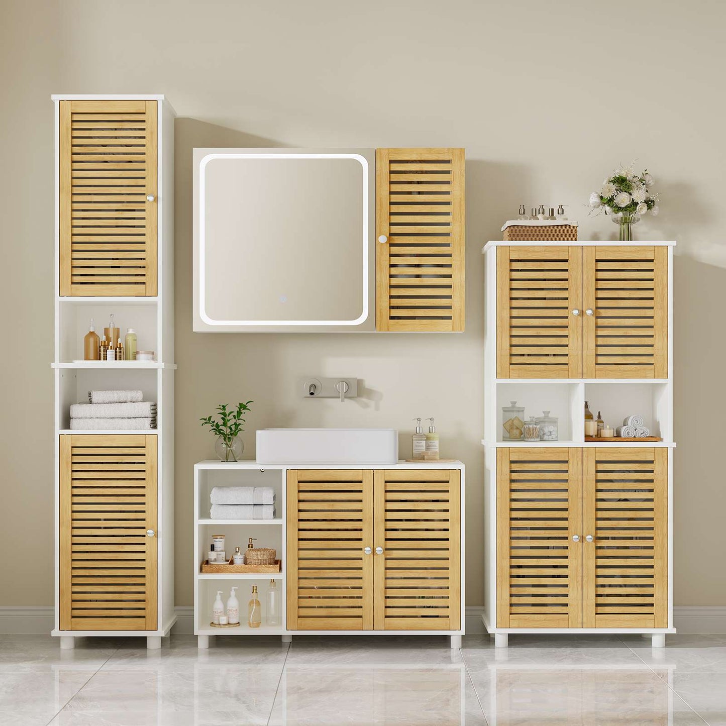 Meuble de Rangement  Meuble Colonne pour Salle de Bain avec 4 Portes en Bambou  2 Étagères Réglables et Ouvertes