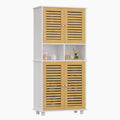 Meuble de Rangement  Meuble Colonne pour Salle de Bain avec 4 Portes en Bambou  2 Étagères Réglables et Ouvertes