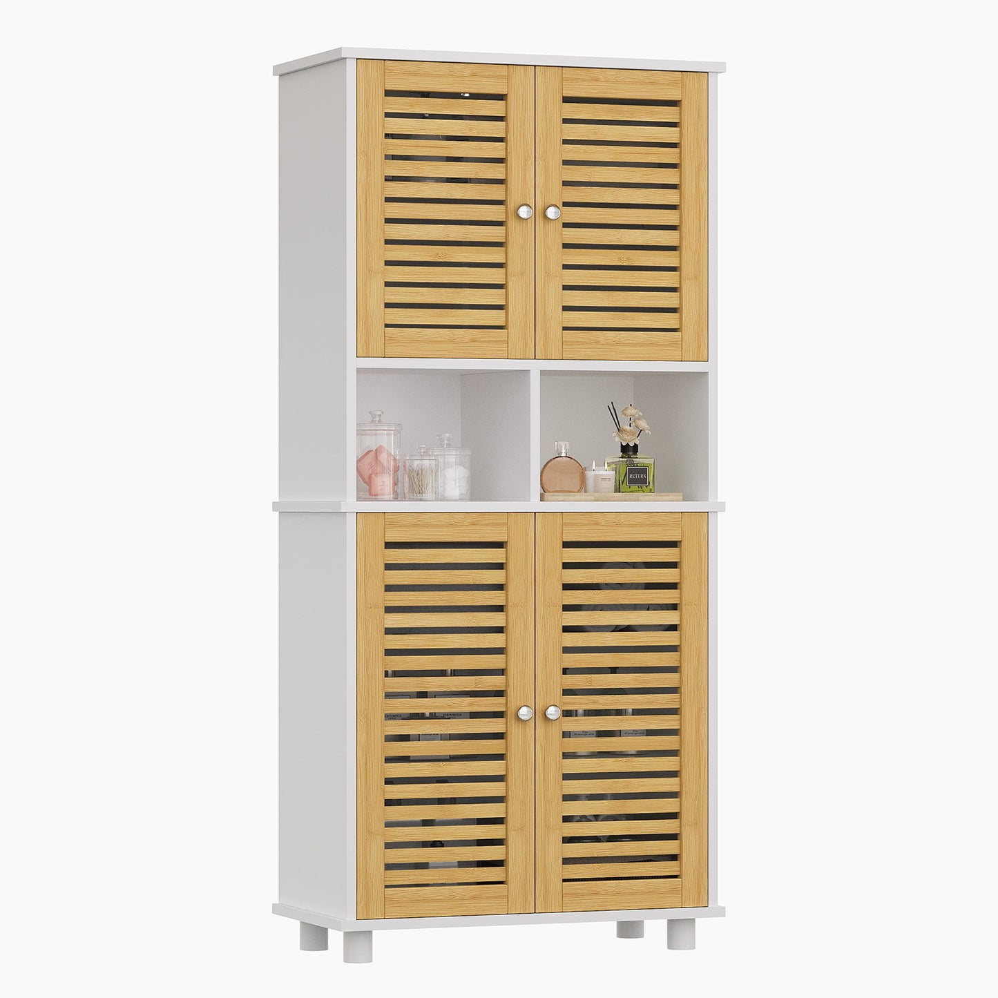 Meuble de Rangement  Meuble Colonne pour Salle de Bain avec 4 Portes en Bambou  2 Étagères Réglables et Ouvertes
