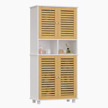 Meuble de Rangement  Meuble Colonne pour Salle de Bain avec 4 Portes en Bambou  2 Étagères Réglables et Ouvertes