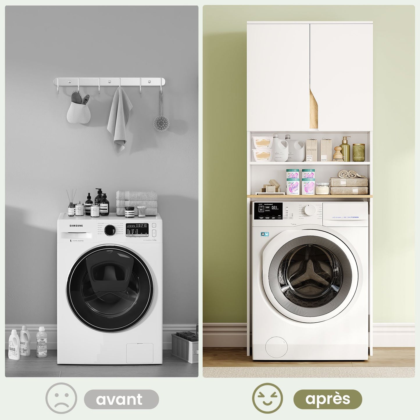AOGLLATI Meuble Machine à Laver  Meuble Toilette avec Étagère Réglables  2 Compartiments Ouverts