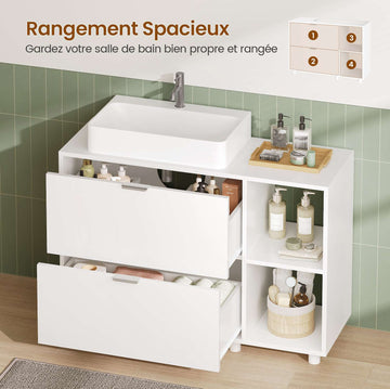 Meuble Salle de Bain Meuble sous Lavabo ave 2 Grand Tiroirs 2 Étagères Ouvertes Installation Possible à Droite ou à Gauche
