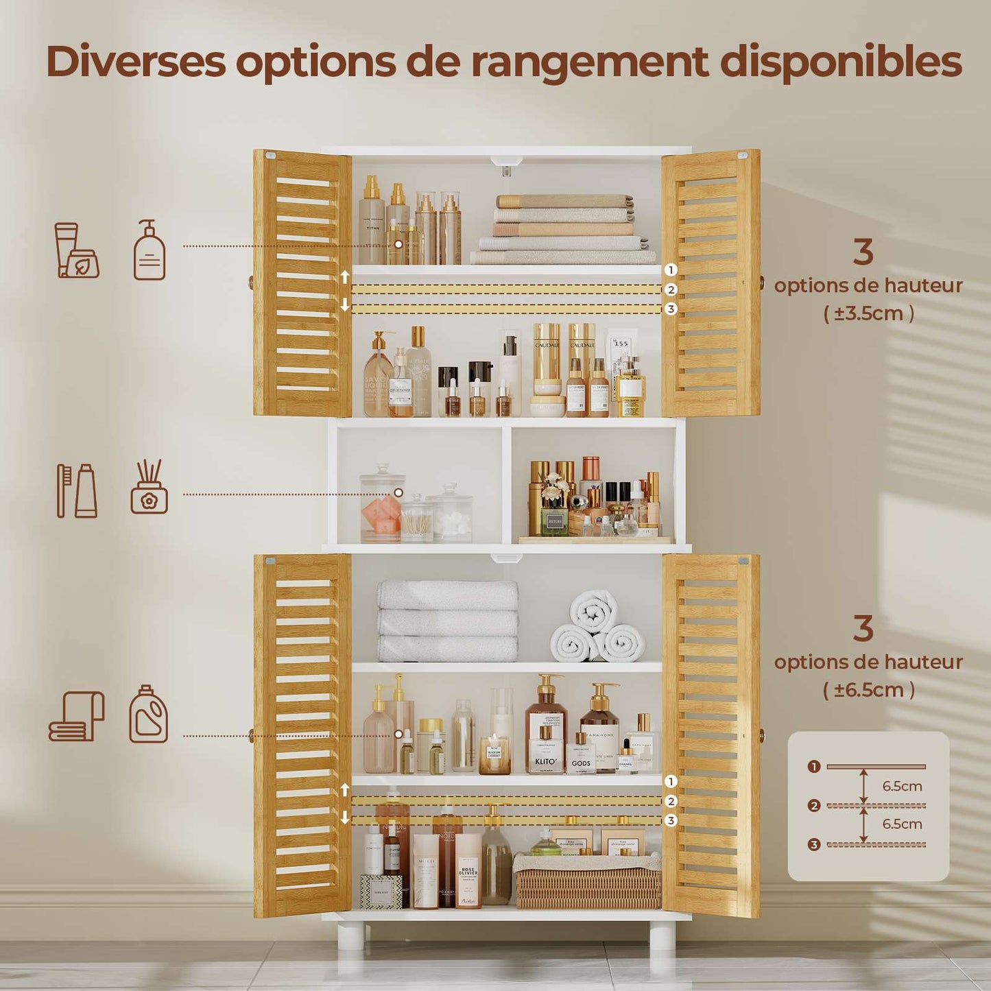 Meuble de Rangement  Meuble Colonne pour Salle de Bain avec 4 Portes en Bambou  2 Étagères Réglables et Ouvertes