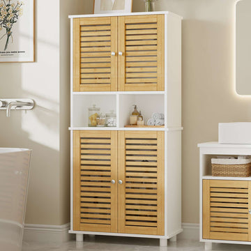 Meuble de Rangement  Meuble Colonne pour Salle de Bain avec 4 Portes en Bambou  2 Étagères Réglables et Ouvertes