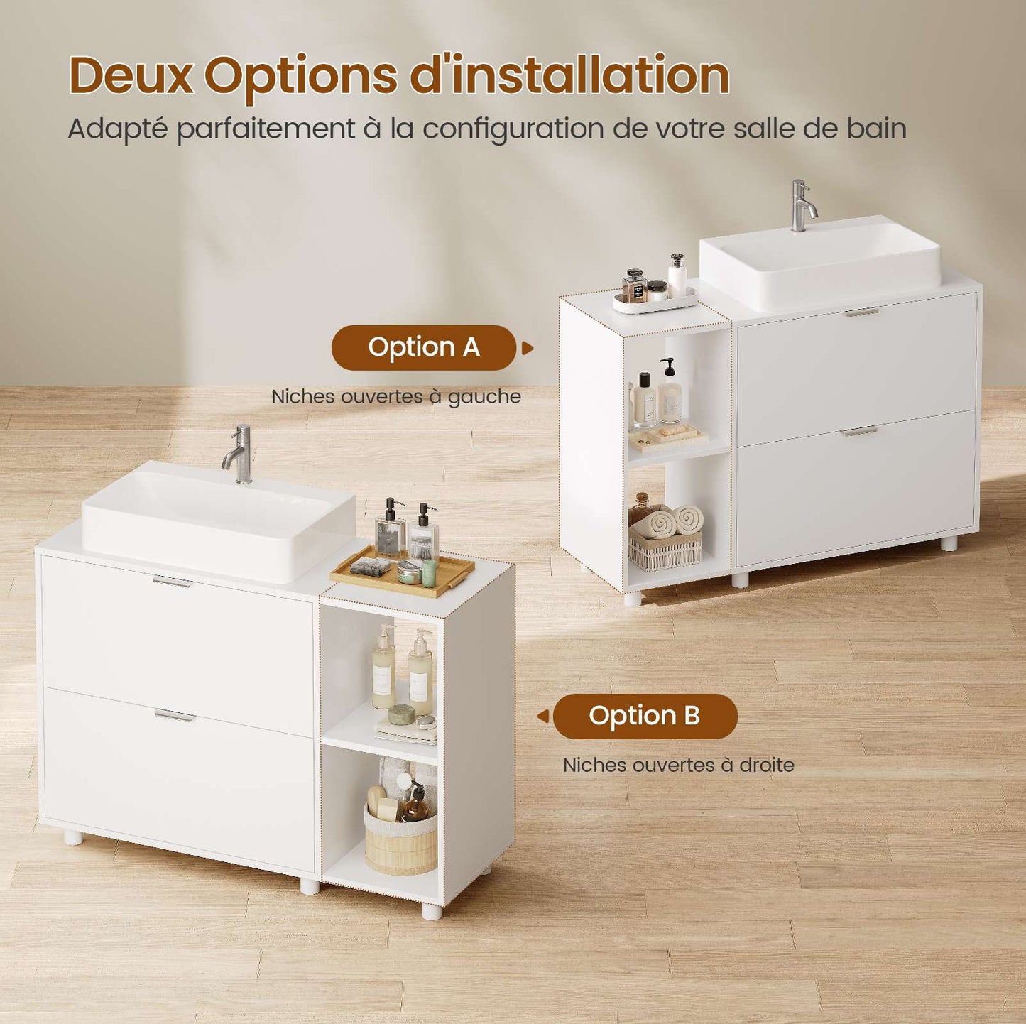 Meuble Salle de Bain Meuble sous Lavabo ave 2 Grand Tiroirs 2 Étagères Ouvertes Installation Possible à Droite ou à Gauche