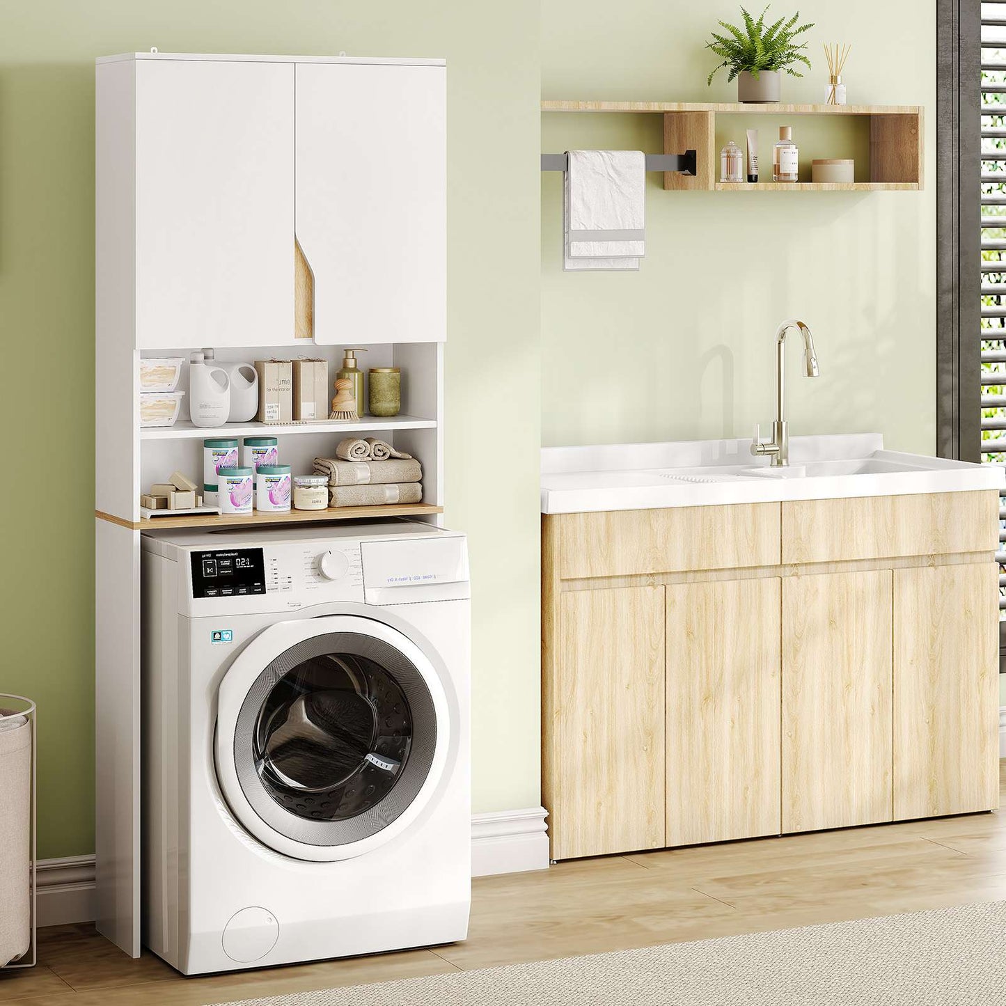 AOGLLATI Meuble Machine à Laver  Meuble Toilette avec Étagère Réglables  2 Compartiments Ouverts