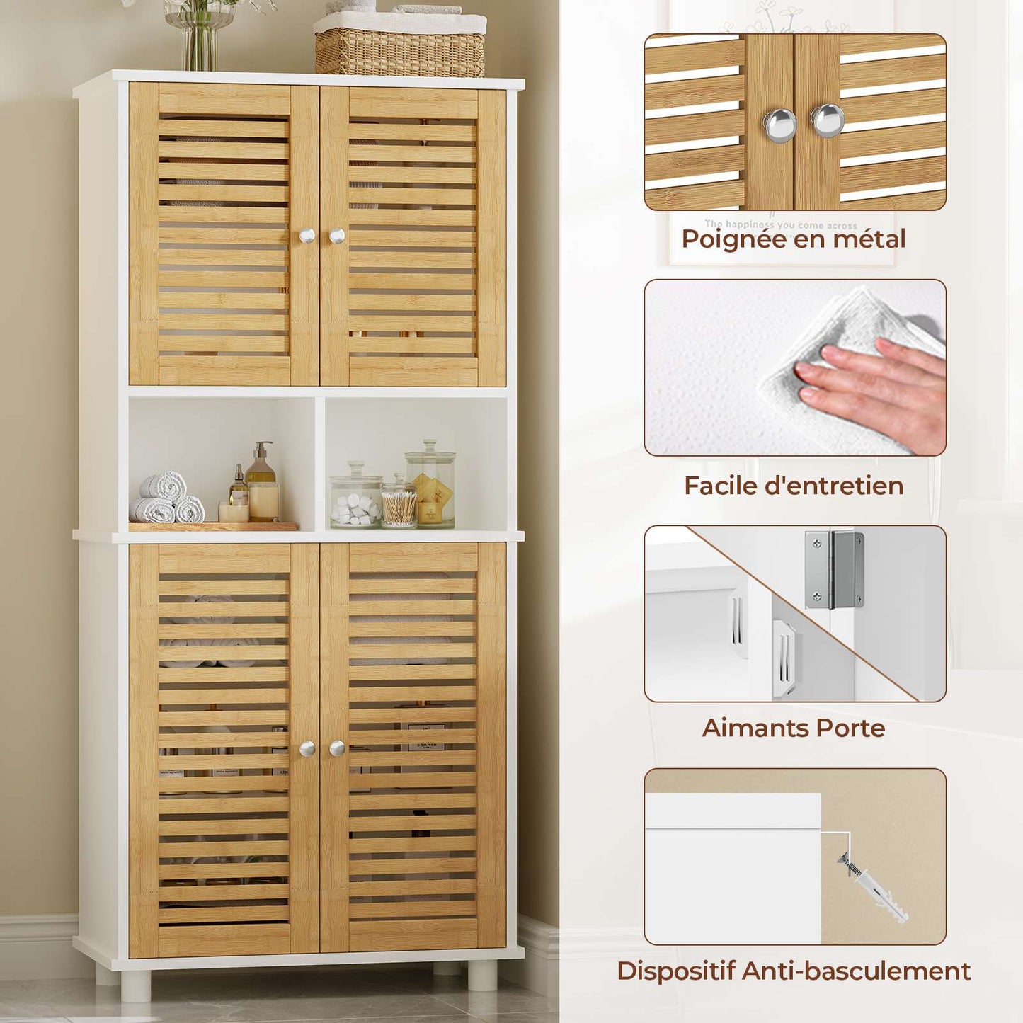 Meuble de Rangement  Meuble Colonne pour Salle de Bain avec 4 Portes en Bambou  2 Étagères Réglables et Ouvertes